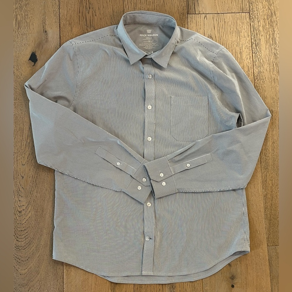 Mack Weldon Shirt Men Medium AirFlex Button Up Performance Seawool Navy Ticker